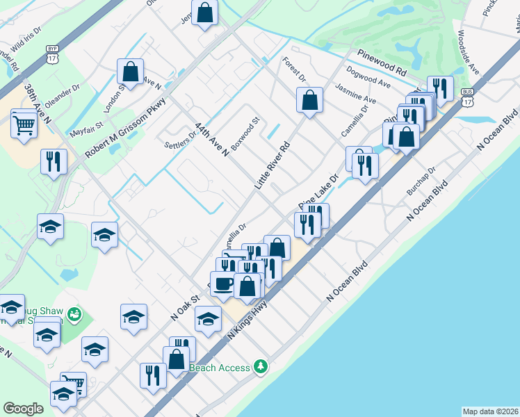 map of restaurants, bars, coffee shops, grocery stores, and more near 3927 Camellia Drive in Myrtle Beach