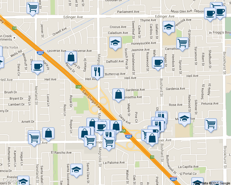 map of restaurants, bars, coffee shops, grocery stores, and more near 9166 Gardenia Avenue in Fountain Valley