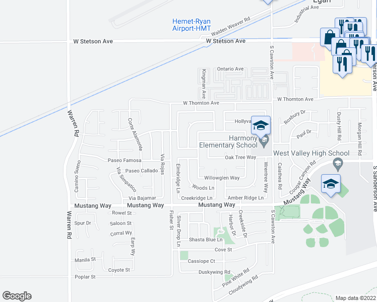 map of restaurants, bars, coffee shops, grocery stores, and more near 4845 Sagewood Lane in Hemet