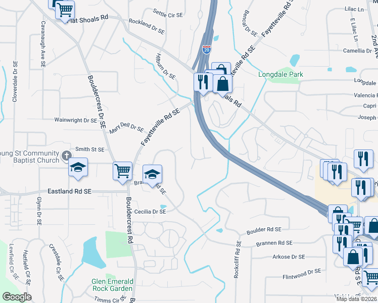 map of restaurants, bars, coffee shops, grocery stores, and more near 2301 Charleston Pointe Southeast in Atlanta