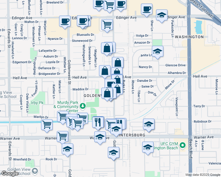 map of restaurants, bars, coffee shops, grocery stores, and more near 16579 Gothard Street in Huntington Beach