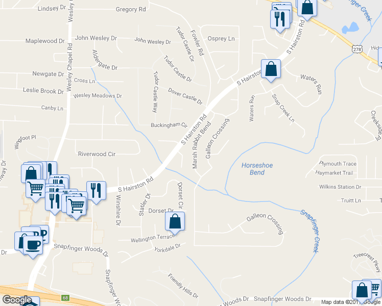 map of restaurants, bars, coffee shops, grocery stores, and more near 2465 Marsh Rabbit Bend in Decatur