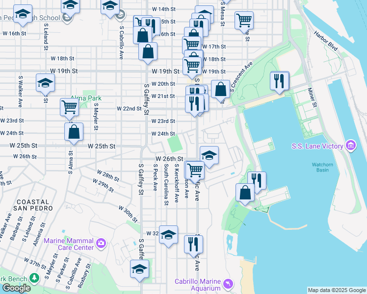 map of restaurants, bars, coffee shops, grocery stores, and more near 2505 South Denison Avenue in Los Angeles