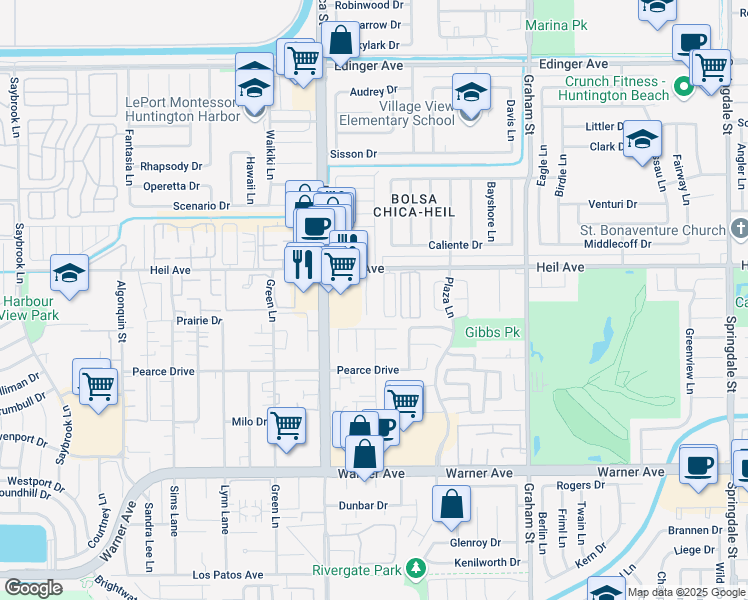 map of restaurants, bars, coffee shops, grocery stores, and more near 16572 Regina Circle in Huntington Beach