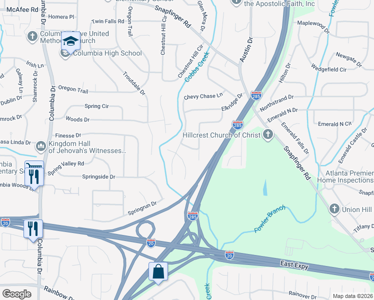 map of restaurants, bars, coffee shops, grocery stores, and more near 3661 Sterling Ridge Way in Decatur