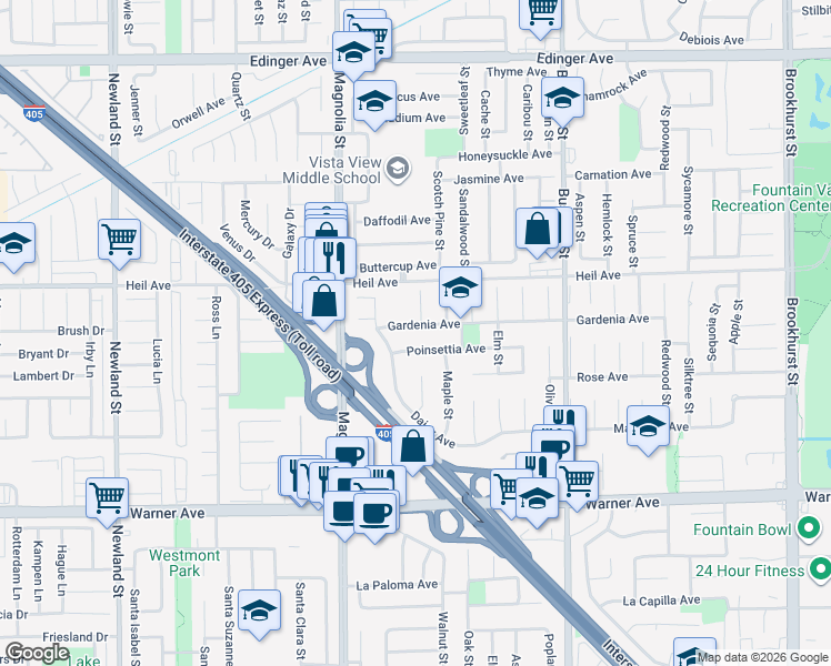 map of restaurants, bars, coffee shops, grocery stores, and more near 9166 Gardenia Avenue in Fountain Valley