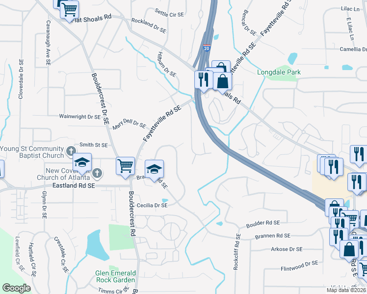 map of restaurants, bars, coffee shops, grocery stores, and more near 1583 Whitehill Way Southeast in Atlanta