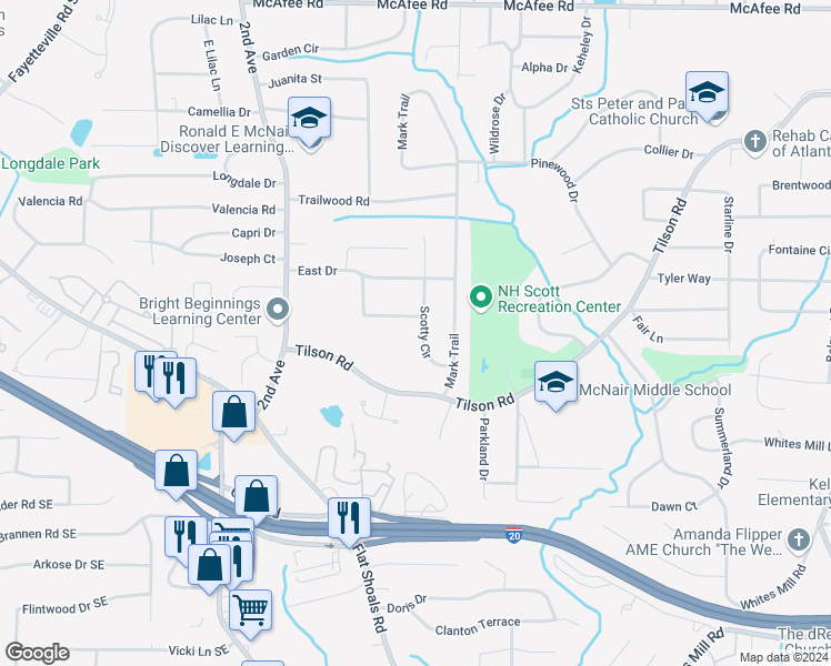 map of restaurants, bars, coffee shops, grocery stores, and more near 2321 Scotty Circle in Decatur