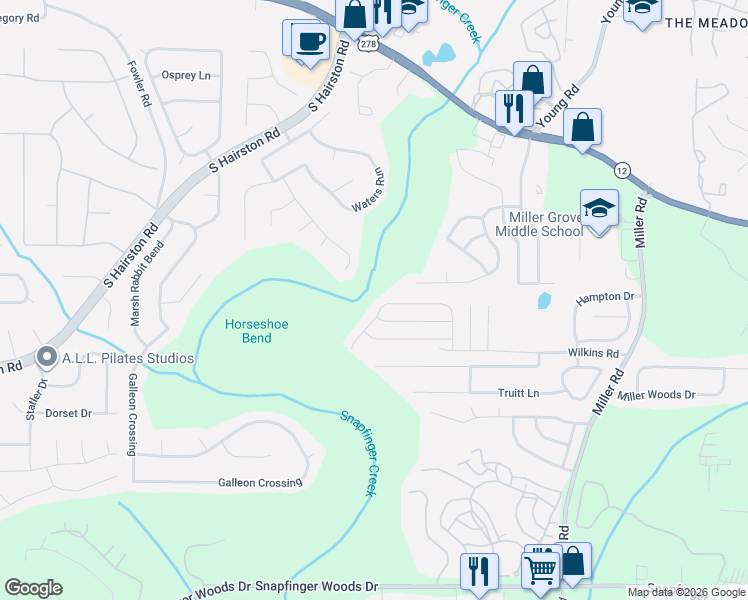 map of restaurants, bars, coffee shops, grocery stores, and more near 2220 Ramblewood Circle in Decatur