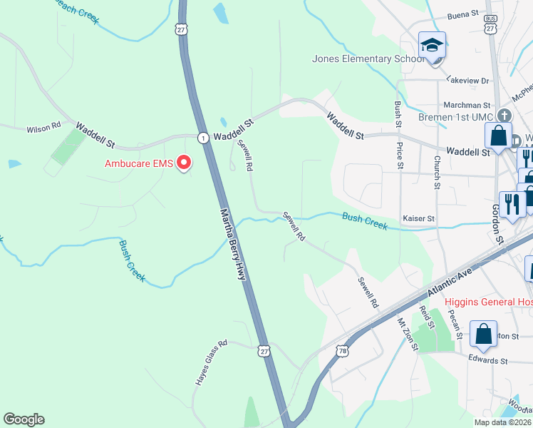 map of restaurants, bars, coffee shops, grocery stores, and more near 331 Sewell Road in Bremen