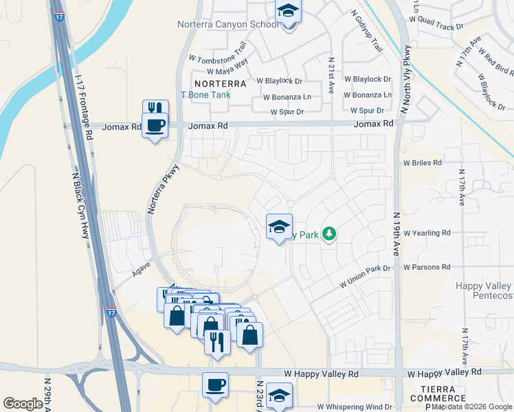 map of restaurants, bars, coffee shops, grocery stores, and more near 1 N Norterra Pkwy in Phoenix