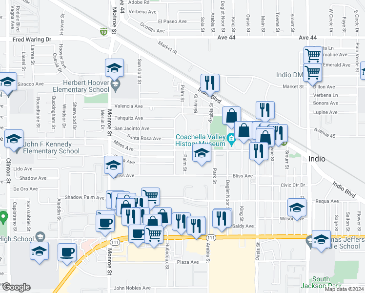 map of restaurants, bars, coffee shops, grocery stores, and more near 82380 Miles Avenue in Indio