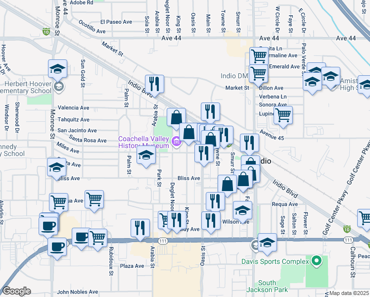 map of restaurants, bars, coffee shops, grocery stores, and more near 82616 Miles Avenue in Indio