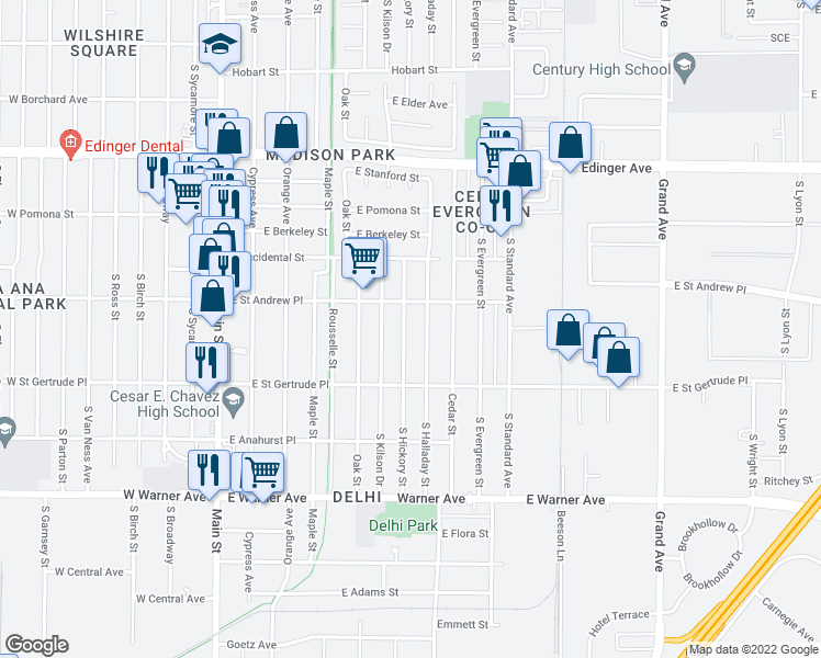 map of restaurants, bars, coffee shops, grocery stores, and more near 2024 South Hickory Street in Santa Ana