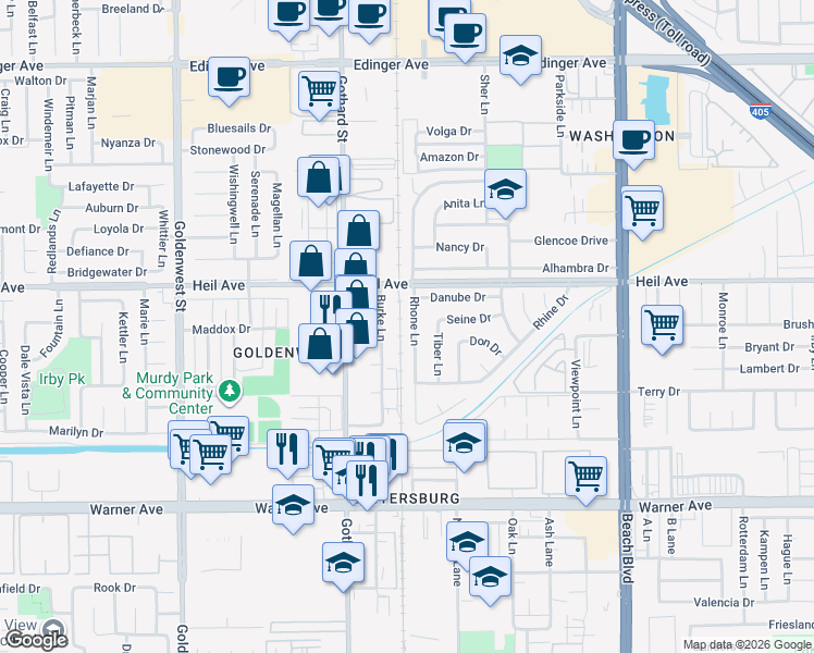 map of restaurants, bars, coffee shops, grocery stores, and more near 16571 Rhone Lane in Huntington Beach