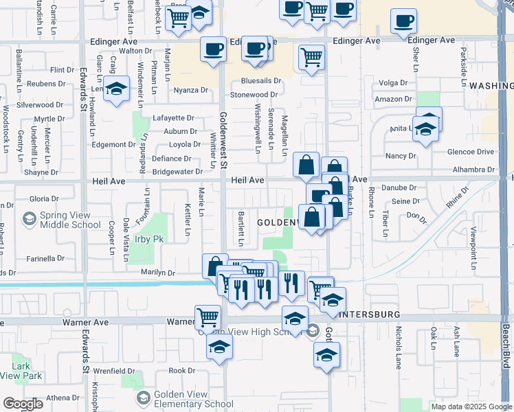 map of restaurants, bars, coffee shops, grocery stores, and more near 16581 Kellog Circle in Huntington Beach
