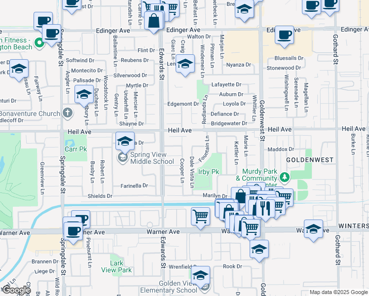 map of restaurants, bars, coffee shops, grocery stores, and more near 6582 Bishop Drive in Huntington Beach