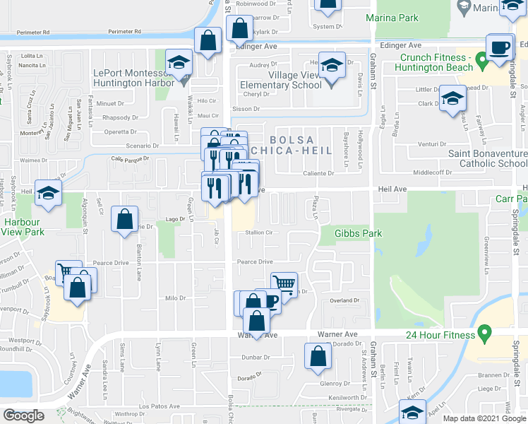 map of restaurants, bars, coffee shops, grocery stores, and more near 16572 Regina Circle in Huntington Beach