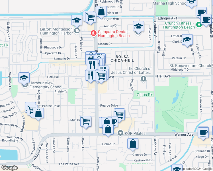 map of restaurants, bars, coffee shops, grocery stores, and more near 16572 Regina Circle in Huntington Beach