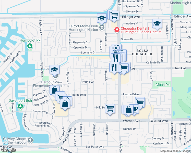 map of restaurants, bars, coffee shops, grocery stores, and more near 16512 Blackbeard Lane in Huntington Beach