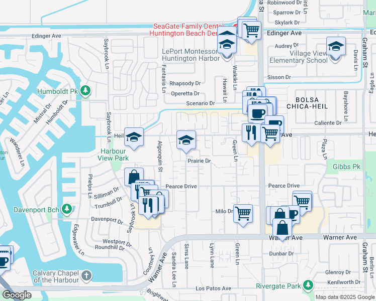 map of restaurants, bars, coffee shops, grocery stores, and more near in Huntington Beach