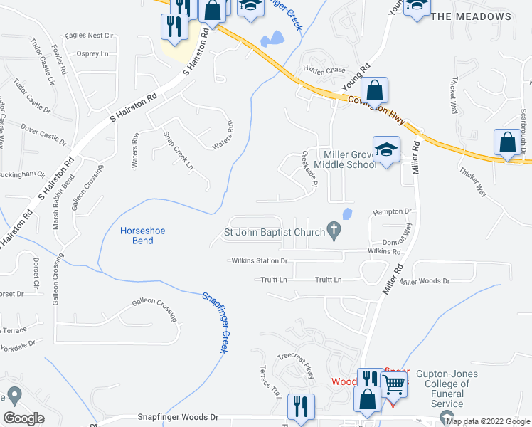 map of restaurants, bars, coffee shops, grocery stores, and more near 2276 Ramblewood Circle in Decatur
