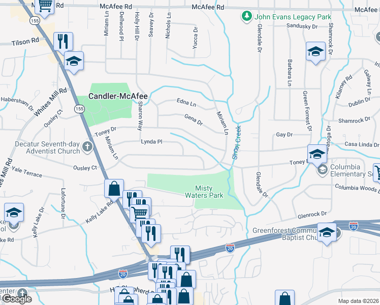 map of restaurants, bars, coffee shops, grocery stores, and more near 2952 Valley Ridge Drive in Decatur