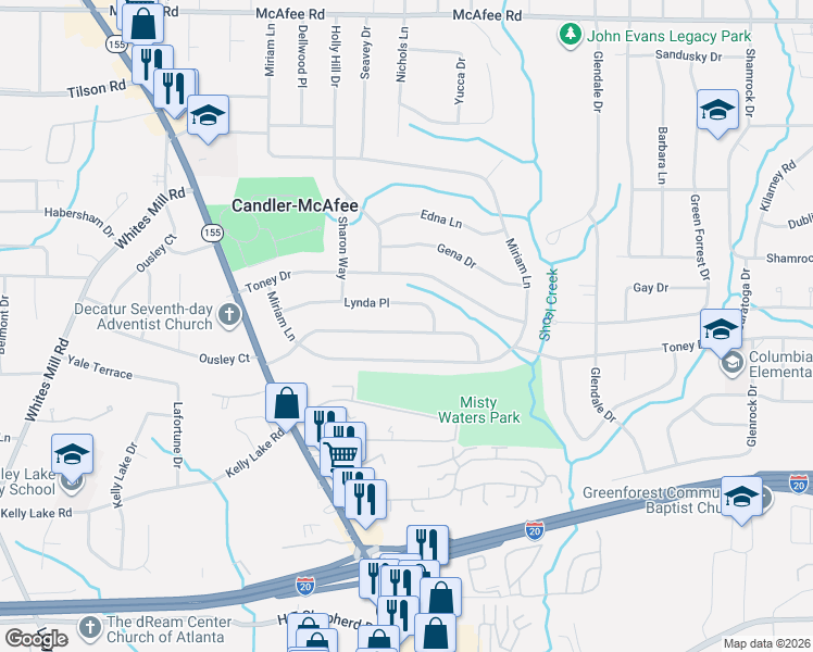 map of restaurants, bars, coffee shops, grocery stores, and more near 2896 Valley Ridge Drive in Decatur