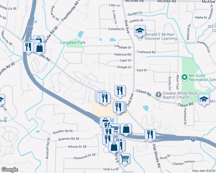 map of restaurants, bars, coffee shops, grocery stores, and more near 2270 Leicester Way Southeast in Atlanta