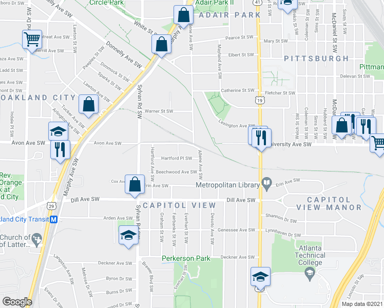 map of restaurants, bars, coffee shops, grocery stores, and more near 793 Hartford Place Southwest in Atlanta