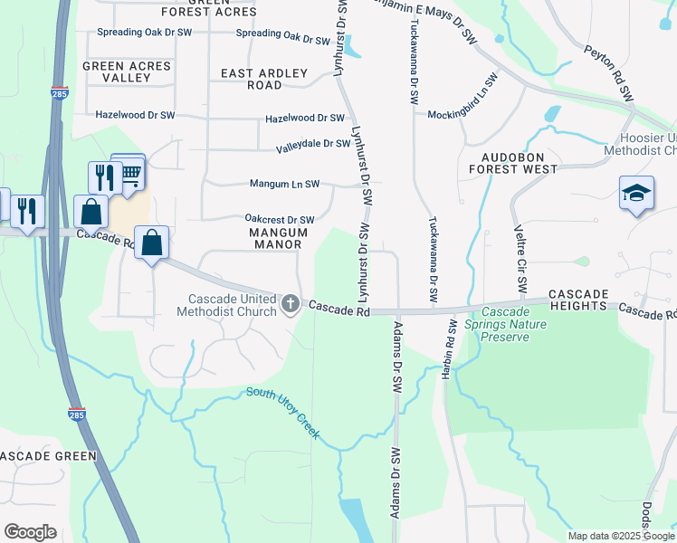 map of restaurants, bars, coffee shops, grocery stores, and more near 3105 Cascade Road in Atlanta