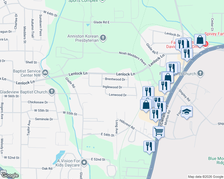 map of restaurants, bars, coffee shops, grocery stores, and more near 620 Inglewood Drive in Anniston