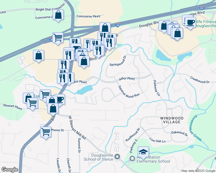 map of restaurants, bars, coffee shops, grocery stores, and more near 9650 Fox Hunt Circle North in Douglasville