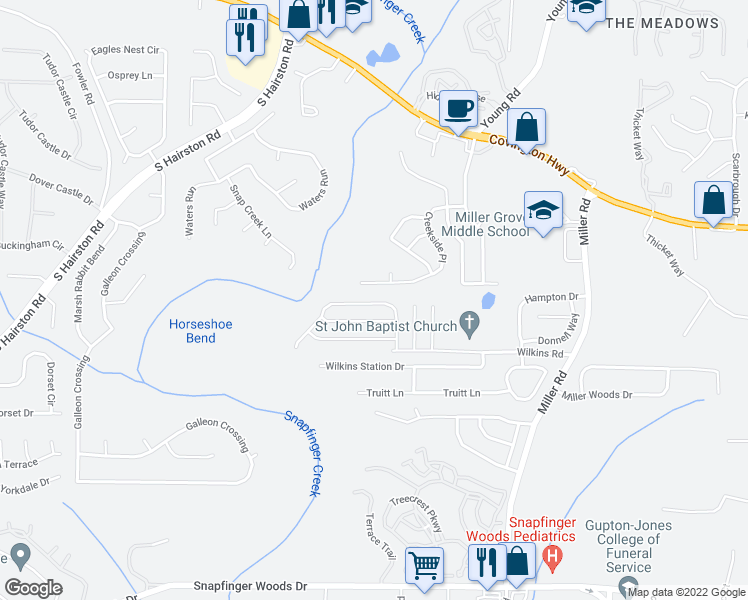 map of restaurants, bars, coffee shops, grocery stores, and more near 2272 Ramblewood Circle in Decatur