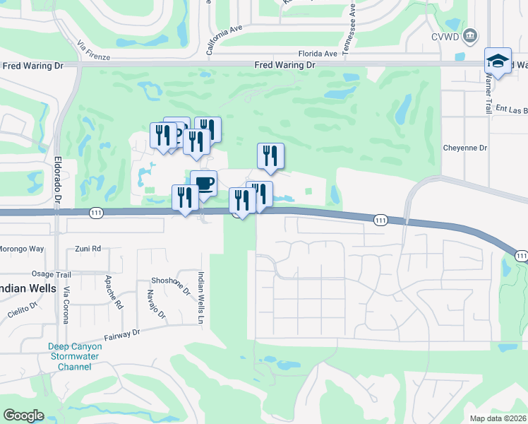 map of restaurants, bars, coffee shops, grocery stores, and more near 870 California 111 in Indian Wells