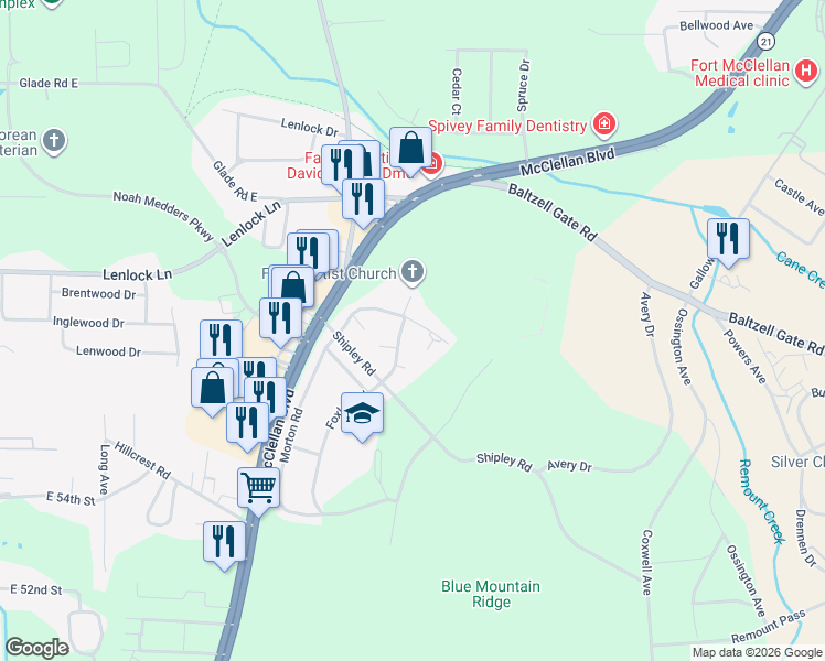 map of restaurants, bars, coffee shops, grocery stores, and more near 484 Foxley Road in Anniston