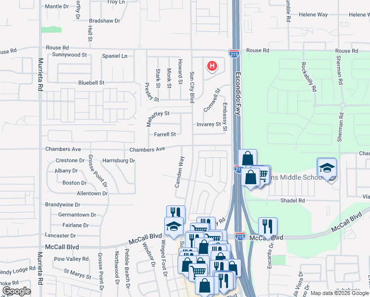 map of restaurants, bars, coffee shops, grocery stores, and more near 27508 Camden Way in Menifee