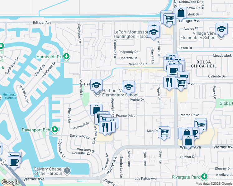 map of restaurants, bars, coffee shops, grocery stores, and more near in Huntington Beach