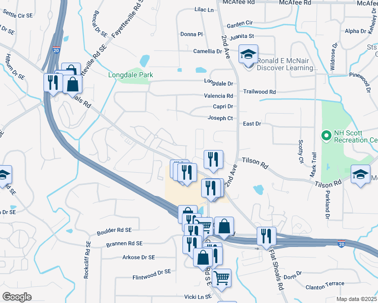 map of restaurants, bars, coffee shops, grocery stores, and more near 2270 Leicester Way Southeast in Atlanta