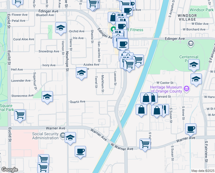 map of restaurants, bars, coffee shops, grocery stores, and more near 16655 San Andres Street in Fountain Valley