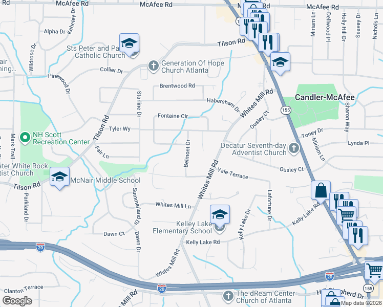 map of restaurants, bars, coffee shops, grocery stores, and more near 2318 Belmont Drive in Decatur