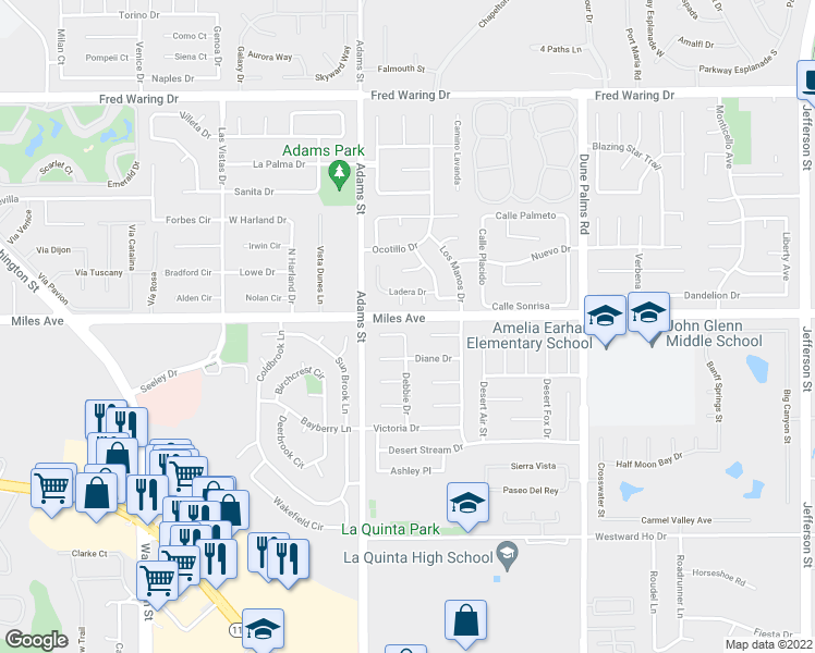 map of restaurants, bars, coffee shops, grocery stores, and more near 79150 Kristen Court in La Quinta