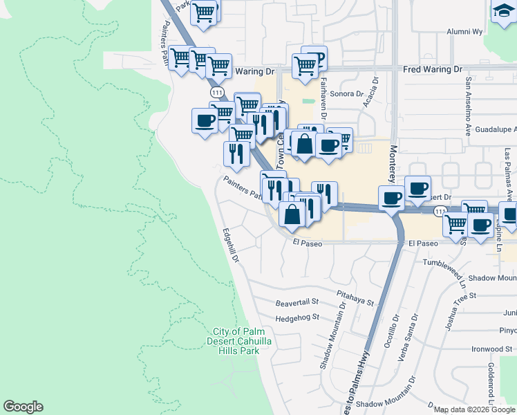 map of restaurants, bars, coffee shops, grocery stores, and more near 72203 El Paseo in Palm Desert