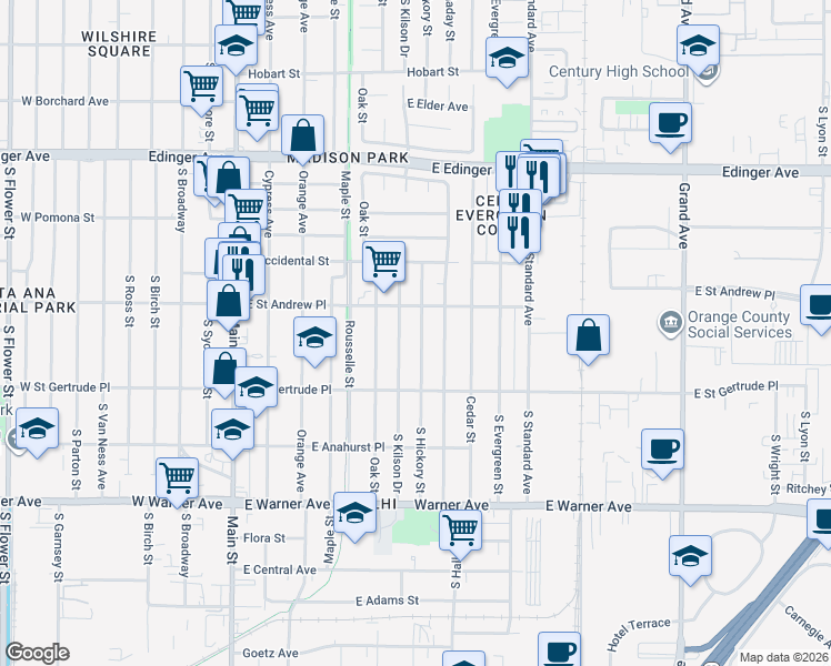 map of restaurants, bars, coffee shops, grocery stores, and more near 2024 South Hickory Street in Santa Ana