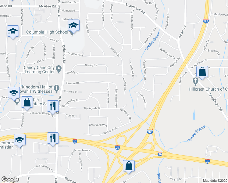 map of restaurants, bars, coffee shops, grocery stores, and more near 2295 Springside Way in Decatur