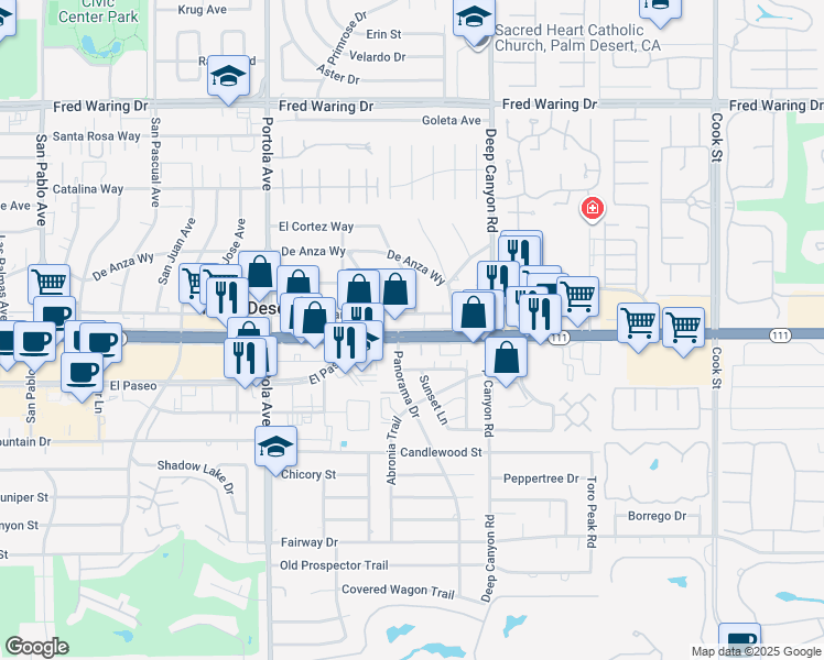 map of restaurants, bars, coffee shops, grocery stores, and more near 601 Palm Desert Drive North in Palm Desert