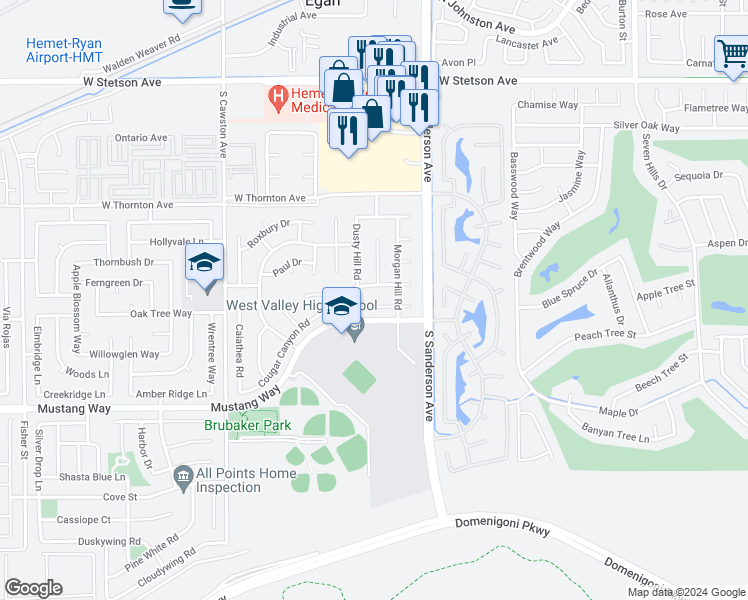 map of restaurants, bars, coffee shops, grocery stores, and more near 3520 Murray Hill Way in Hemet