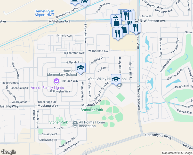 map of restaurants, bars, coffee shops, grocery stores, and more near 1538 Rexford Drive in Hemet