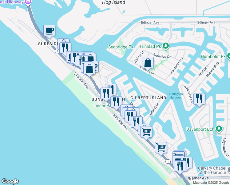map of restaurants, bars, coffee shops, grocery stores, and more near 16592 Grimaud Lane in Huntington Beach