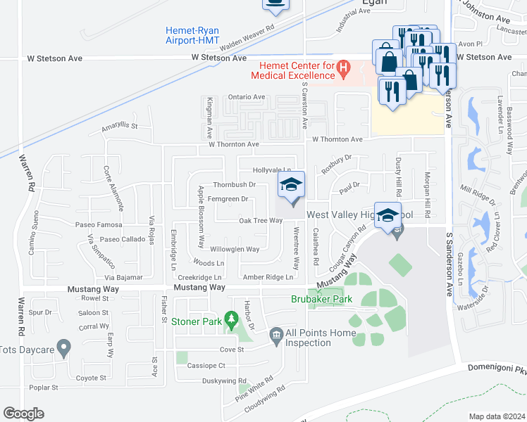 map of restaurants, bars, coffee shops, grocery stores, and more near 1519 Bluejay Way in Hemet